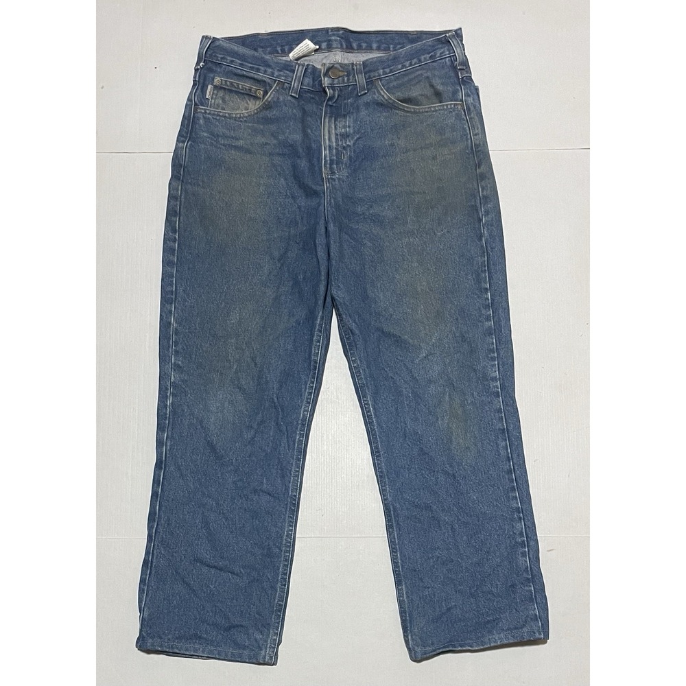 Vintage Carhartt B180 DST 33 X 27 Distressed Stained Workwear Jeans Blue Denim